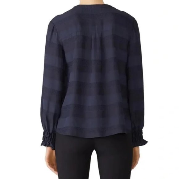 Becken Navy Blue Embroidered Shirred Cuff Button Front Poplin Blouse Sz 6 - Picture 2 of 12